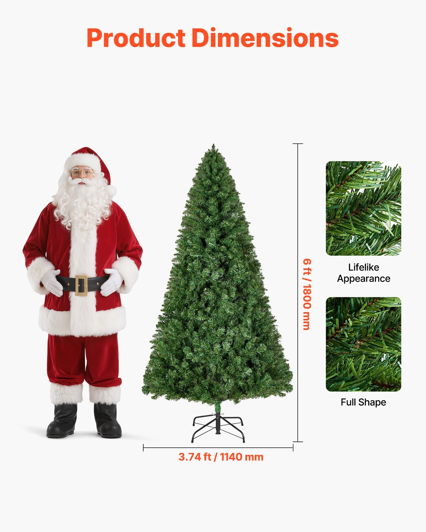 Christmas Tree, 1.8m Artificial Xmas Tree, Full Holiday Decor Trees with 1250 Branch Tips & Sturdy Metal Base for Home Party Office Decoration - Image 2