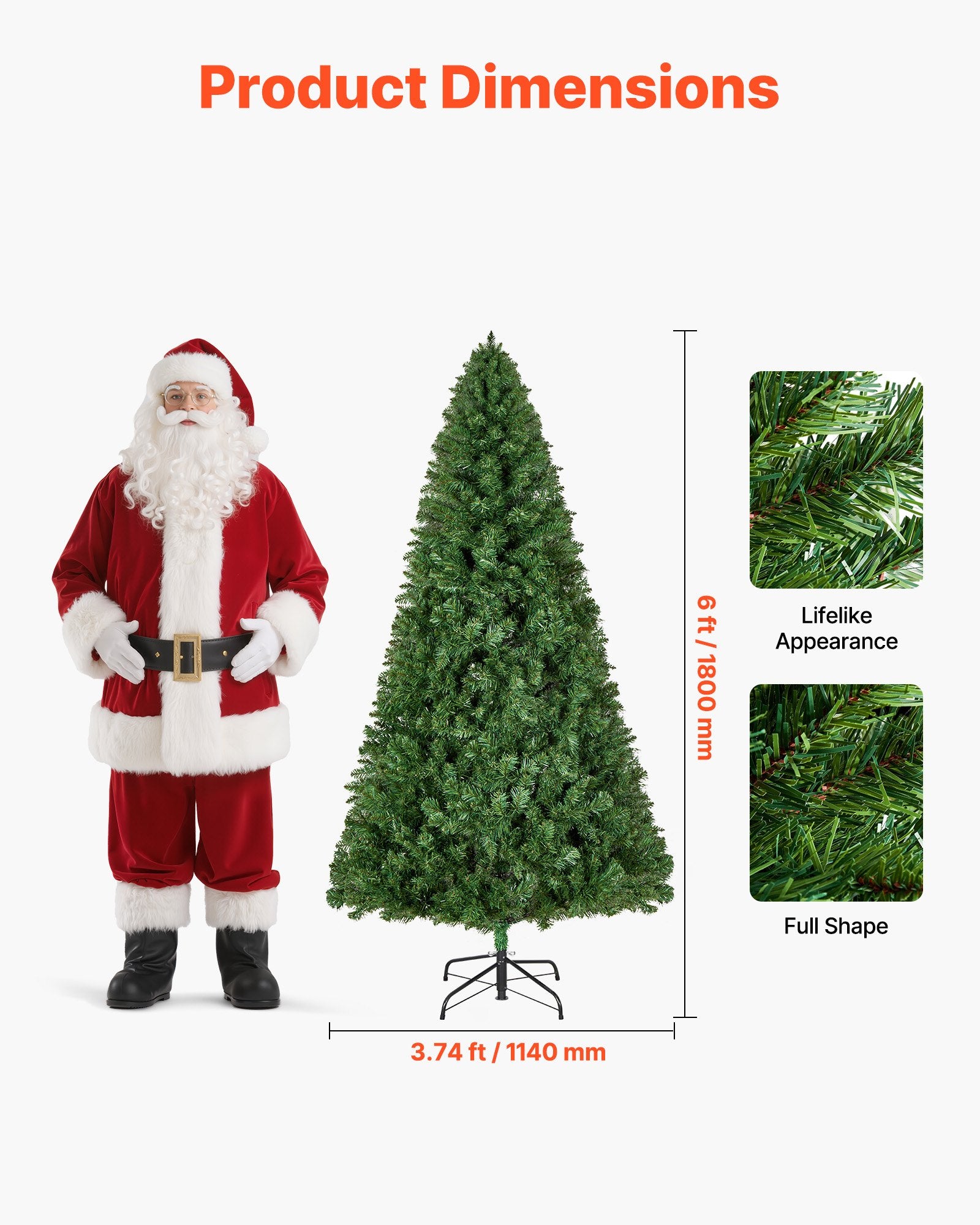 Christmas Tree, 1.8m Artificial Xmas Tree, Full Holiday Decor Trees with 1250 Branch Tips & Sturdy Metal Base for Home Party Office Decoration - Image 2