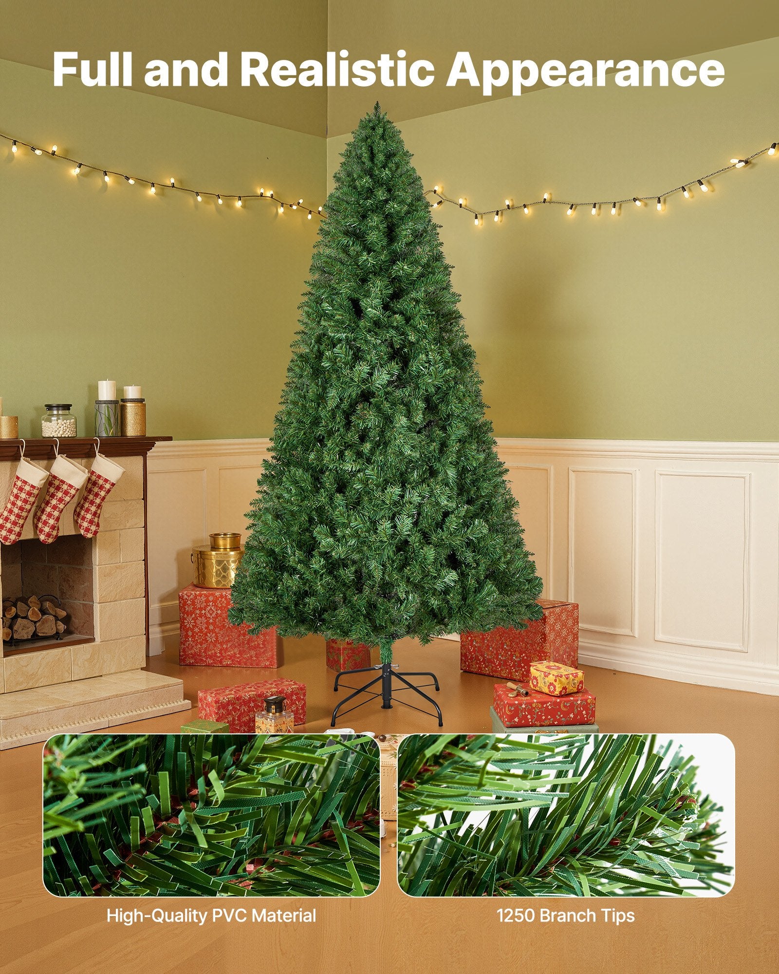 Christmas Tree, 1.8m Artificial Xmas Tree, Full Holiday Decor Trees with 1250 Branch Tips & Sturdy Metal Base for Home Party Office Decoration - Image 3