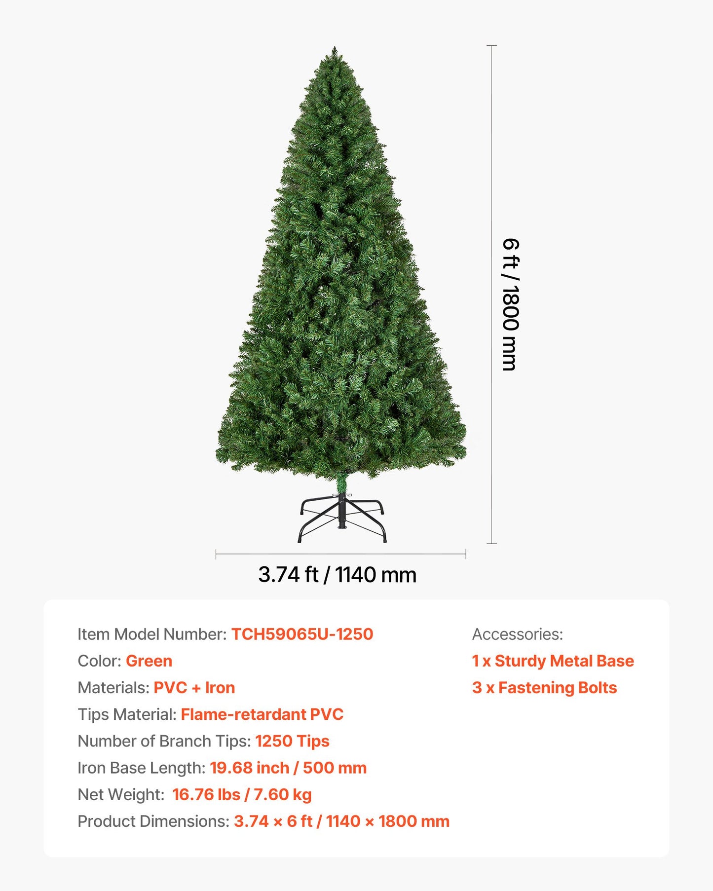 Christmas Tree, 1.8m Artificial Xmas Tree, Full Holiday Decor Trees with 1250 Branch Tips & Sturdy Metal Base for Home Party Office Decoration - Image 7