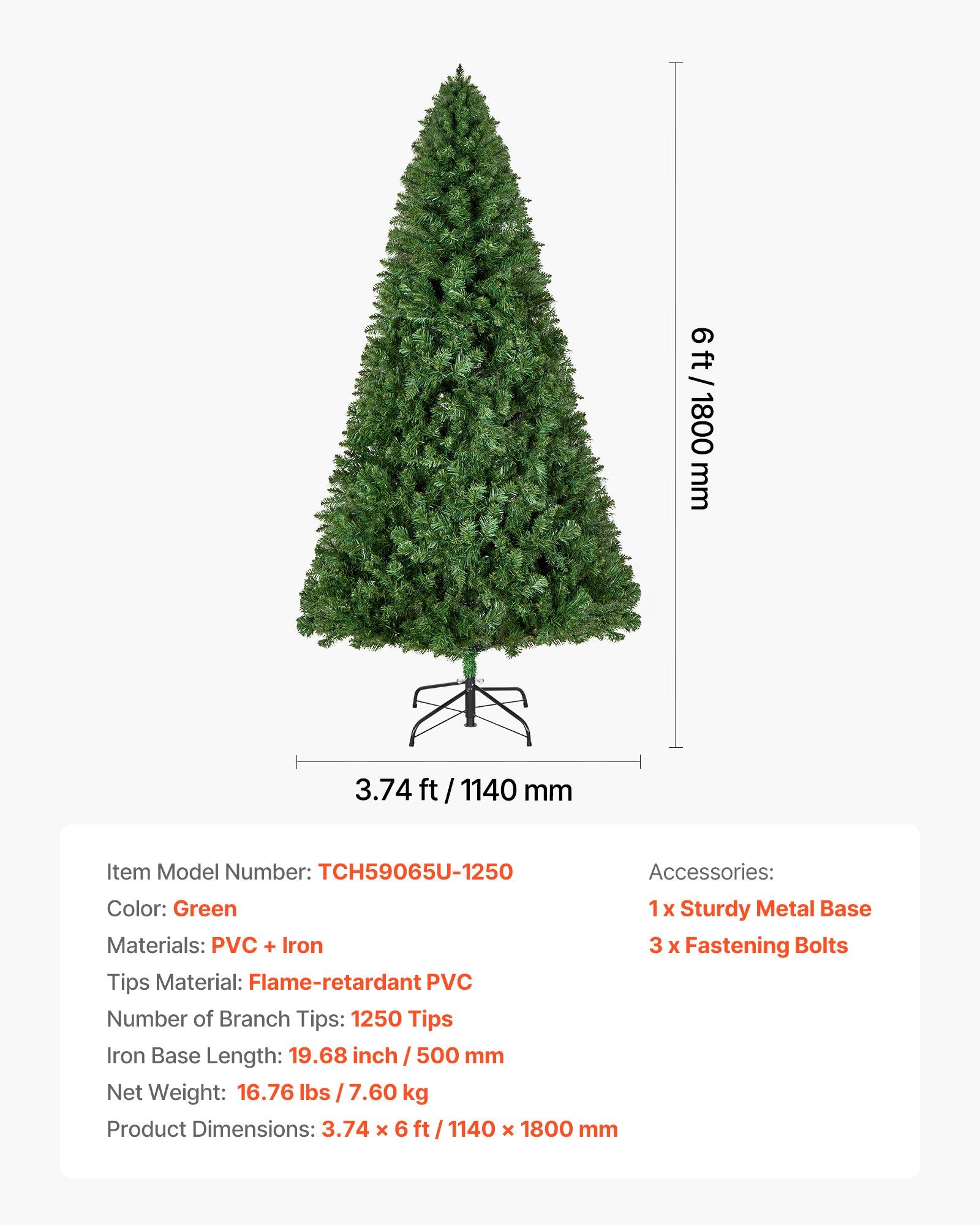 Christmas Tree, 1.8m Artificial Xmas Tree, Full Holiday Decor Trees with 1250 Branch Tips & Sturdy Metal Base for Home Party Office Decoration - Image 7