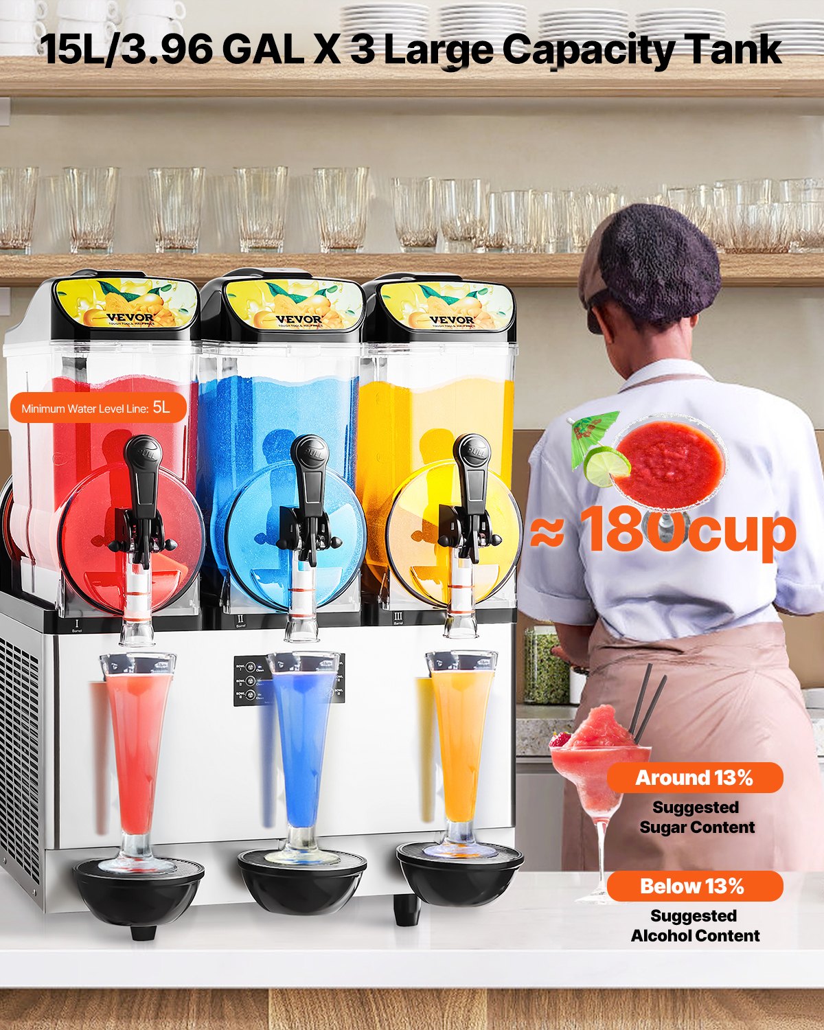 Commercial Frozen Drink Maker, 15Lx3 Triple Tank Slushy Machine, 180 Cups Stainless Steel Margarita Smoothie Frozen Drink Machine, Slushie Maker for Home Party Restaurants Cafe Bars - Image 2