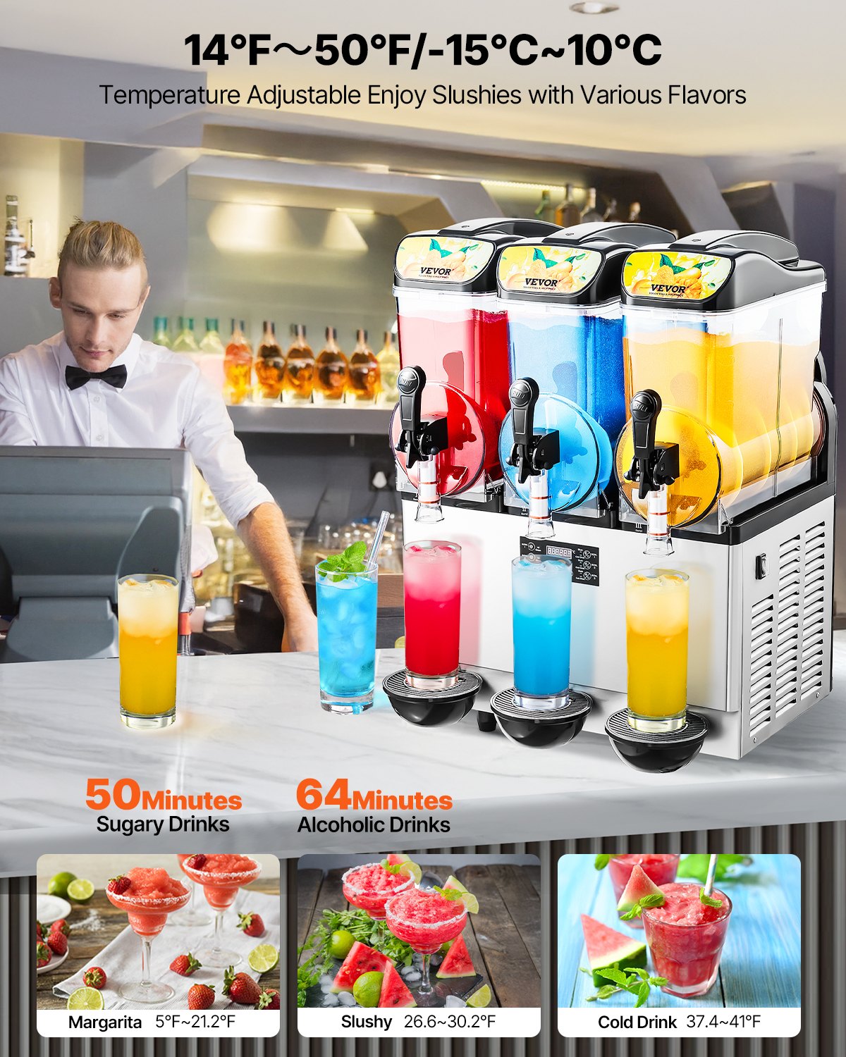 Commercial Frozen Drink Maker, 15Lx3 Triple Tank Slushy Machine, 180 Cups Stainless Steel Margarita Smoothie Frozen Drink Machine, Slushie Maker for Home Party Restaurants Cafe Bars - Image 3