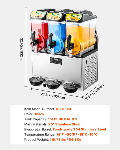 Commercial Frozen Drink Maker, 15Lx3 Triple Tank Slushy Machine, 180 Cups Stainless Steel Margarita Smoothie Frozen Drink Machine, Slushie Maker for Home Party Restaurants Cafe Bars - Image 7