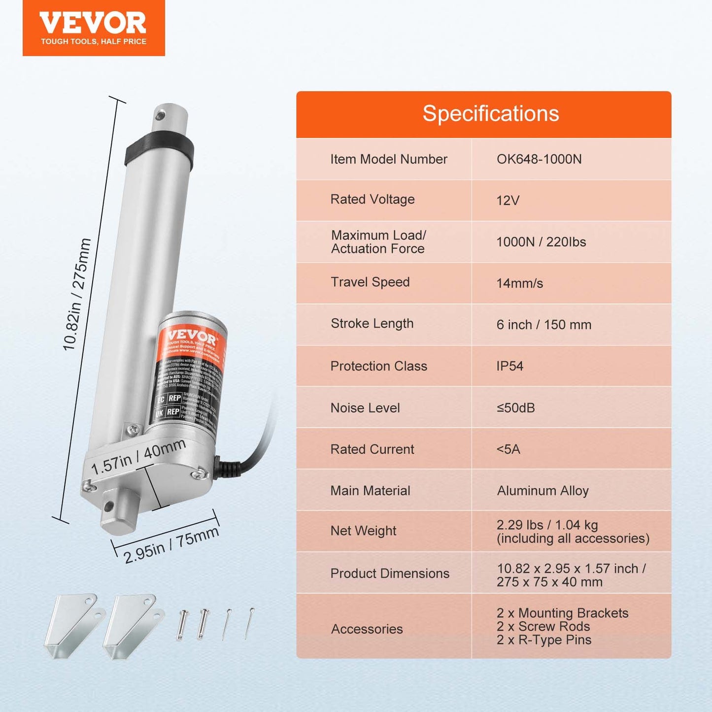 Linear Actuator 12V 6Inch 0.55"/s High Speed 220lbs/1000N IP54 Protection - Image 7