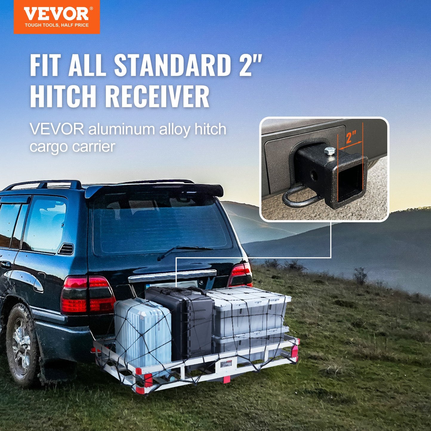 49.4 x 22.4 x 7.1 in Hitch Cargo Carrier, 500lb Capacity Trailer Hitch Mount Aluminum Cargo Basket, Luggage Carrier Rack Fits 2" Hitch Receiver for SUV Truck Pickup Camping - Image 2