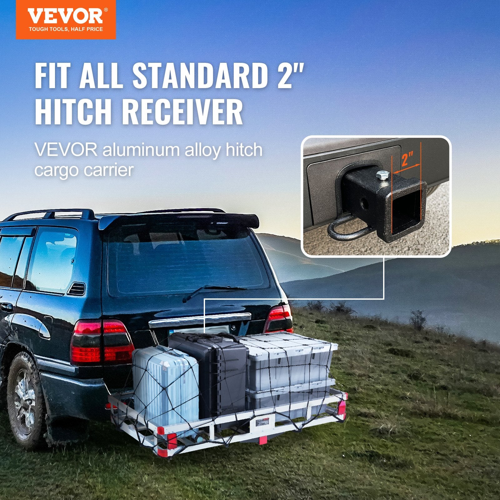 49.4 x 22.4 x 7.1 in Hitch Cargo Carrier, 500lb Capacity Trailer Hitch Mount Aluminum Cargo Basket, Luggage Carrier Rack Fits 2" Hitch Receiver for SUV Truck Pickup Camping - Image 2