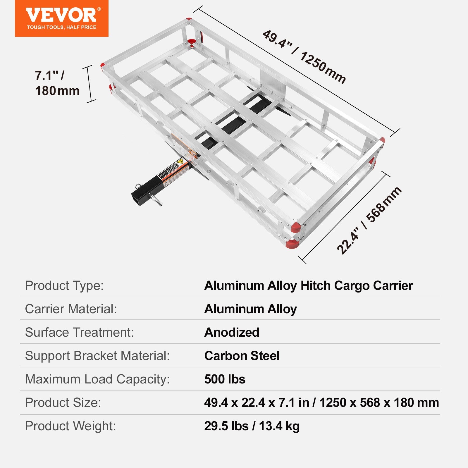 49.4 x 22.4 x 7.1 in Hitch Cargo Carrier, 500lb Capacity Trailer Hitch Mount Aluminum Cargo Basket, Luggage Carrier Rack Fits 2" Hitch Receiver for SUV Truck Pickup Camping - Image 7