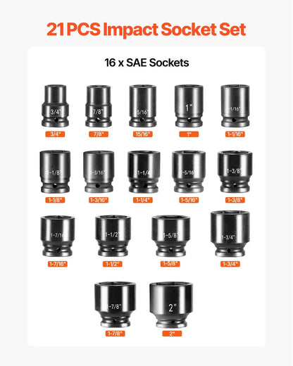 3/4 in Drive Impact Socket Set, 21 Pieces SAE 3/4 in to 2 in, 6 Point Cr-V Alloy Steel for Auto Repair, Easy-to-Read Size Markings, Includes Extension Bars, Ratchet Handle and Storage Case - Image 3