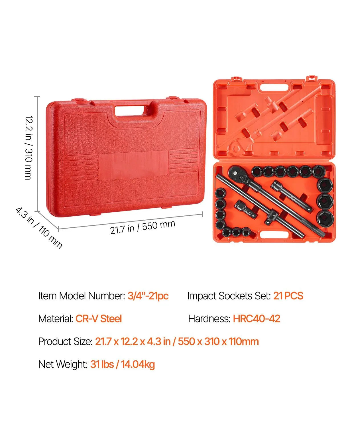 3/4 in Drive Impact Socket Set, 21 Pieces SAE 3/4 in to 2 in, 6 Point Cr-V Alloy Steel for Auto Repair, Easy-to-Read Size Markings, Includes Extension Bars, Ratchet Handle and Storage Case - Image 7