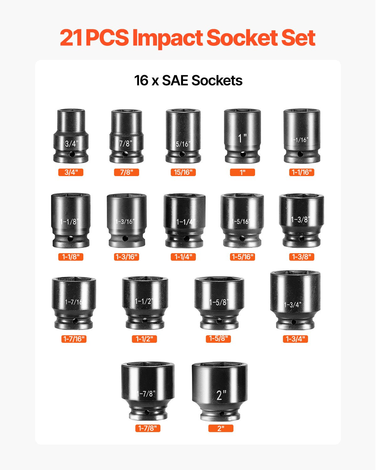 3/4 in Drive Impact Socket Set, 21 Pieces SAE 3/4 in to 2 in, 6 Point Cr-V Alloy Steel for Auto Repair, Easy-to-Read Size Markings, Includes Extension Bars, Ratchet Handle and Storage Case - Image 3