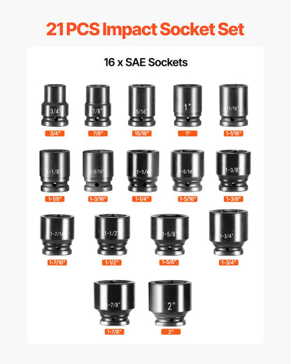 3/4 in Drive Impact Socket Set, 21 Pieces SAE 3/4 in to 2 in, 6 Point Cr-V Alloy Steel for Auto Repair, Easy-to-Read Size Markings, Includes Extension Bars, Ratchet Handle and Storage Case - Image 3