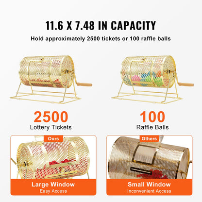 Raffle Drum, 11.6 x Ø7.48 inch Brass Plated Raffle Ticket Spinning Cage, Holds 2500 Tickets or 100 Ping Pong Balls, Metal Lottery Spinning Drawing with Wooden Turning Handle, for Bingo Ballot Pa - Image 3