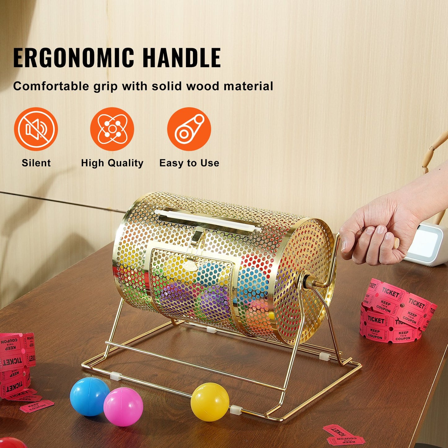 Raffle Drum, 11.6 x Ø7.48 inch Brass Plated Raffle Ticket Spinning Cage, Holds 2500 Tickets or 100 Ping Pong Balls, Metal Lottery Spinning Drawing with Wooden Turning Handle, for Bingo Ballot Pa - Image 5