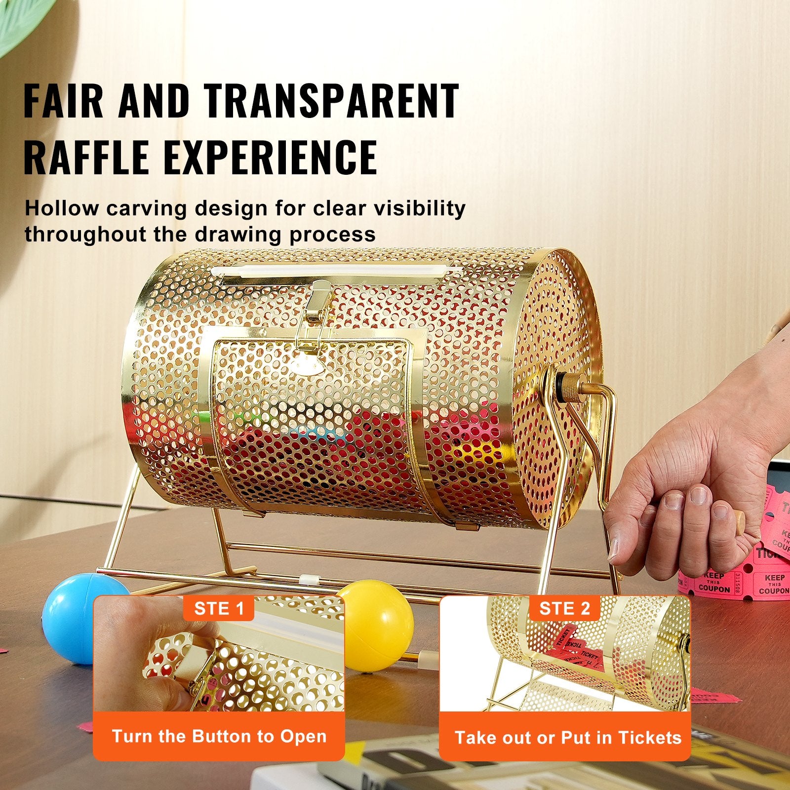 Raffle Drum, 11.6 x Ø7.48 inch Brass Plated Raffle Ticket Spinning Cage, Holds 2500 Tickets or 100 Ping Pong Balls, Metal Lottery Spinning Drawing with Wooden Turning Handle, for Bingo Ballot Pa - Image 6