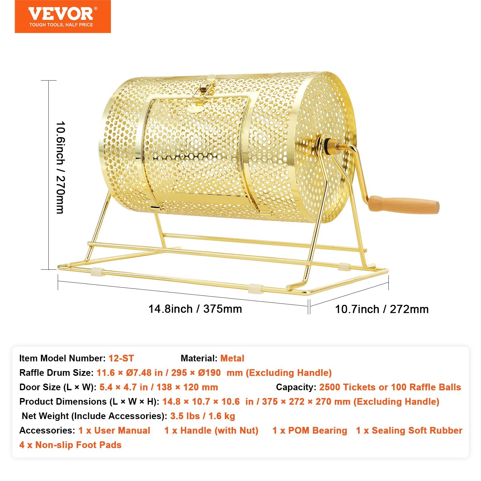 Raffle Drum, 11.6 x Ø7.48 inch Brass Plated Raffle Ticket Spinning Cage, Holds 2500 Tickets or 100 Ping Pong Balls, Metal Lottery Spinning Drawing with Wooden Turning Handle, for Bingo Ballot Pa - Image 7