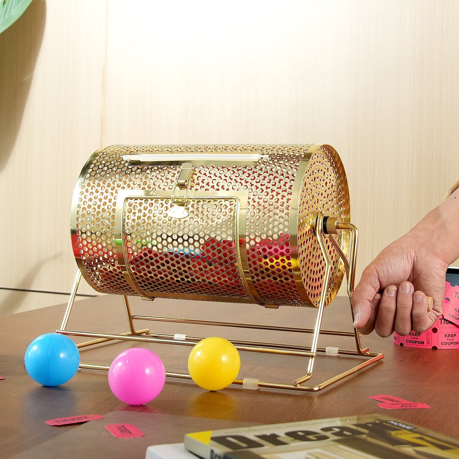Raffle Drum, 11.6 x Ø7.48 inch Brass Plated Raffle Ticket Spinning Cage, Holds 2500 Tickets or 100 Ping Pong Balls, Metal Lottery Spinning Drawing with Wooden Turning Handle, for Bingo Ballot Pa - Image 8