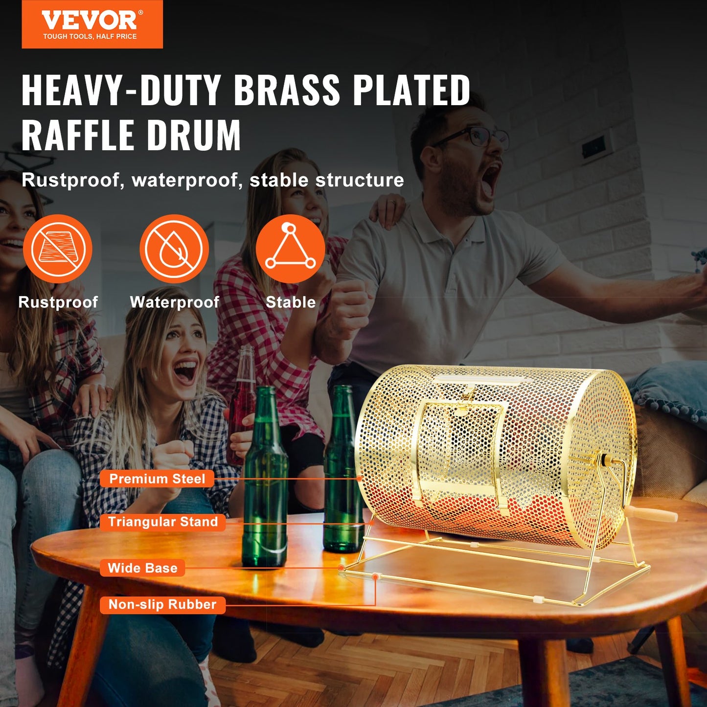Raffle Drum, 16.1 x Ø12 inch Brass Plated Raffle Ticket Spinning Cage, Holds 5000 Tickets or 200 Ping Pong Balls, Metal Lottery Spinning Drawing with Wooden Turning Handle, for Bingo Ballot Part - Image 2