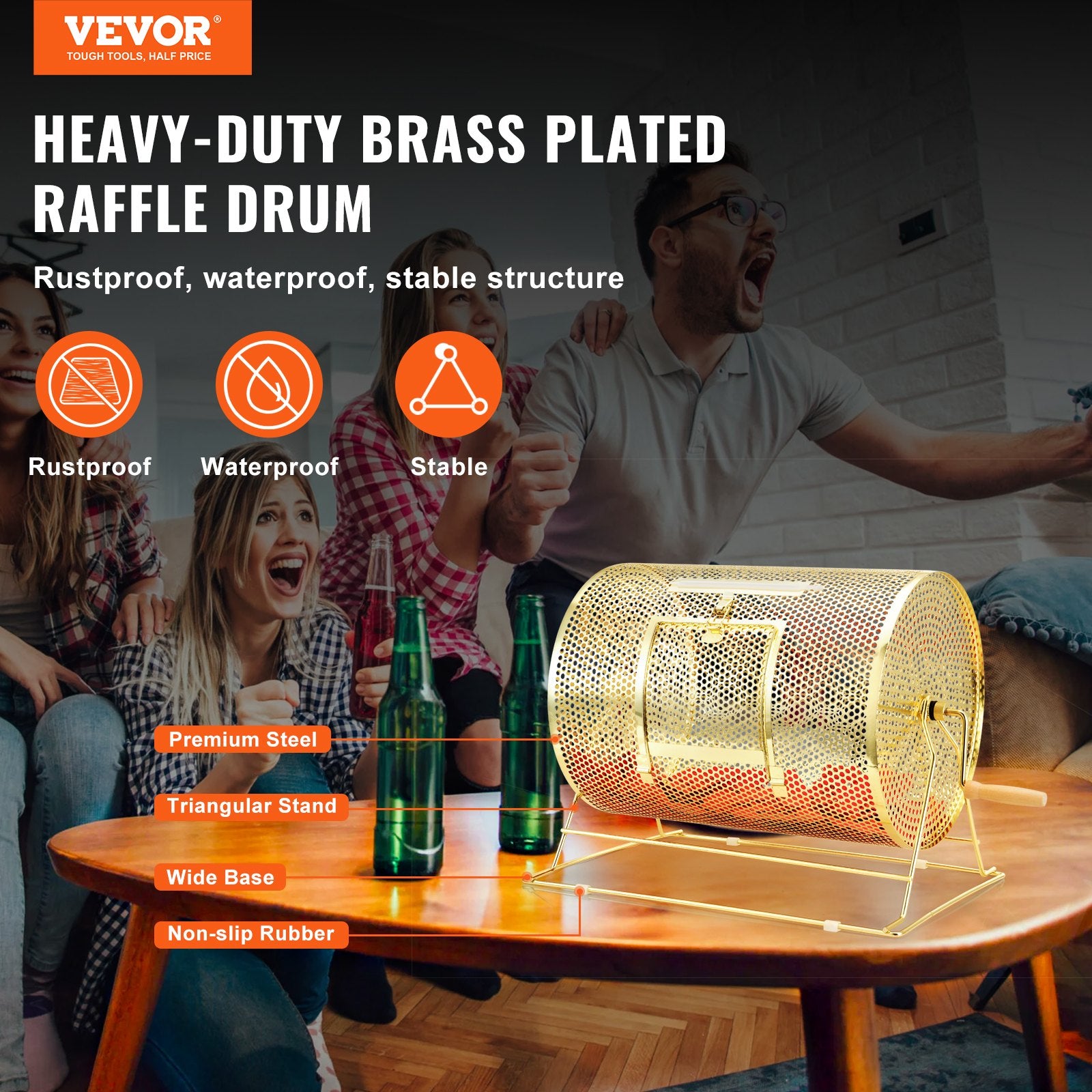 Raffle Drum, 16.1 x Ø12 inch Brass Plated Raffle Ticket Spinning Cage, Holds 5000 Tickets or 200 Ping Pong Balls, Metal Lottery Spinning Drawing with Wooden Turning Handle, for Bingo Ballot Part - Image 2
