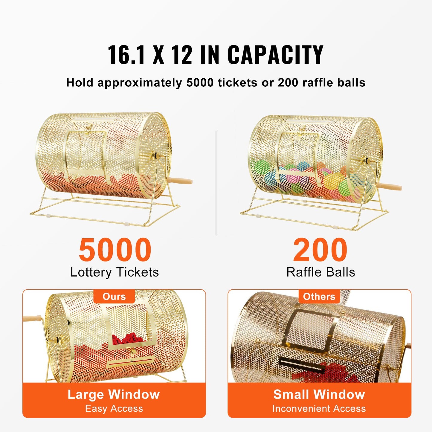 Raffle Drum, 16.1 x Ø12 inch Brass Plated Raffle Ticket Spinning Cage, Holds 5000 Tickets or 200 Ping Pong Balls, Metal Lottery Spinning Drawing with Wooden Turning Handle, for Bingo Ballot Part - Image 3