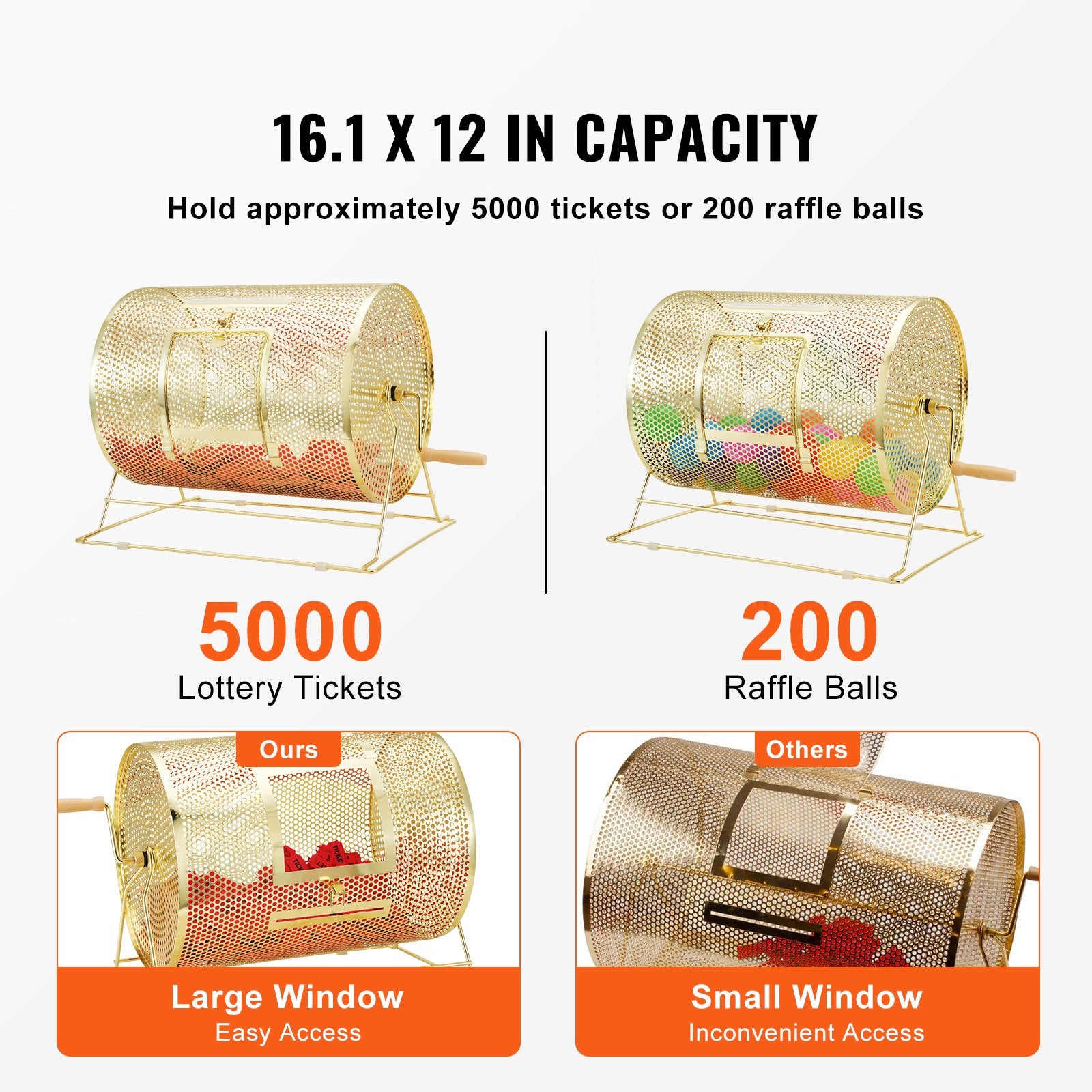 Raffle Drum, 16.1 x Ø12 inch Brass Plated Raffle Ticket Spinning Cage, Holds 5000 Tickets or 200 Ping Pong Balls, Metal Lottery Spinning Drawing with Wooden Turning Handle, for Bingo Ballot Part - Image 3
