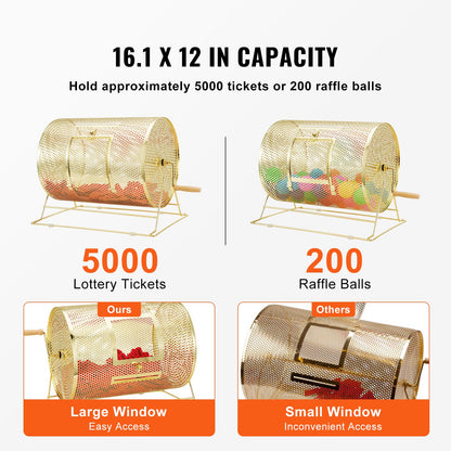 Raffle Drum, 16.1 x Ø12 inch Brass Plated Raffle Ticket Spinning Cage, Holds 5000 Tickets or 200 Ping Pong Balls, Metal Lottery Spinning Drawing with Wooden Turning Handle, for Bingo Ballot Part - Image 3