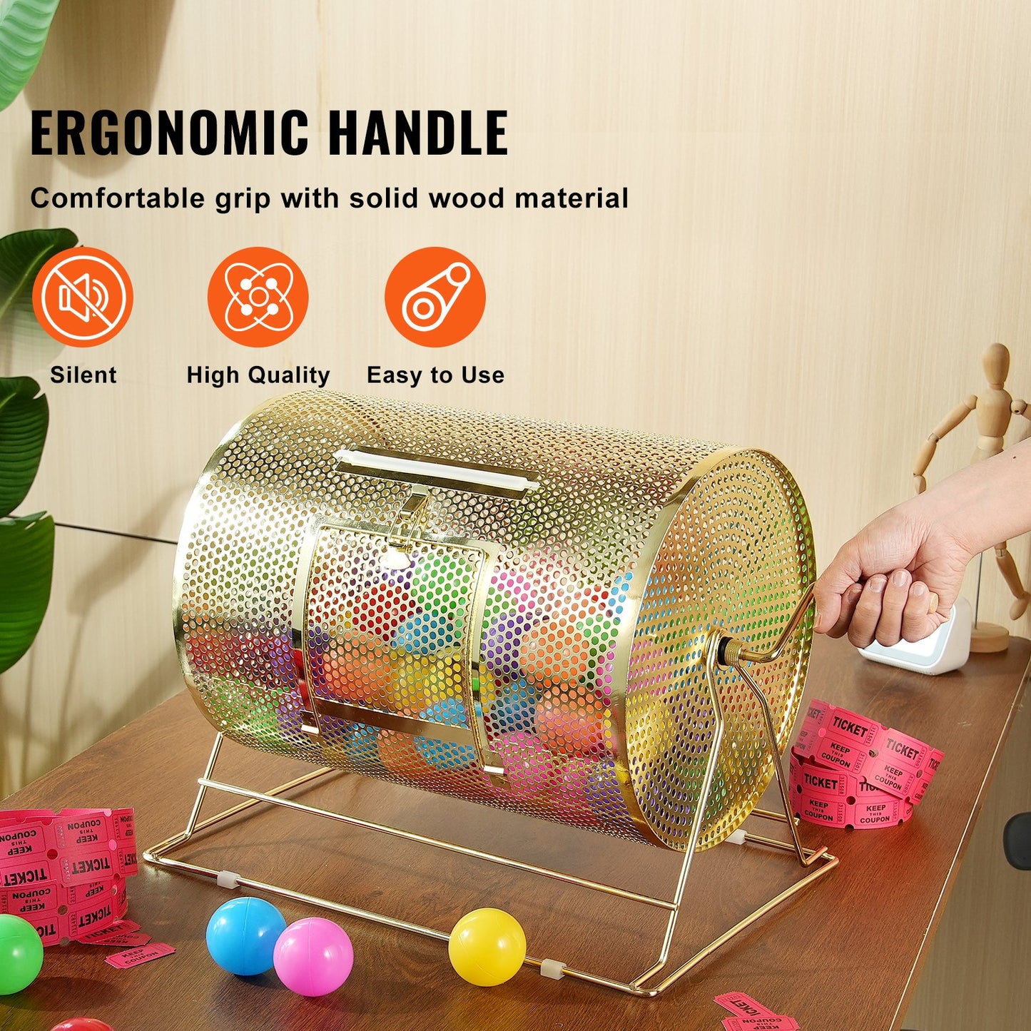 Raffle Drum, 16.1 x Ø12 inch Brass Plated Raffle Ticket Spinning Cage, Holds 5000 Tickets or 200 Ping Pong Balls, Metal Lottery Spinning Drawing with Wooden Turning Handle, for Bingo Ballot Part - Image 5