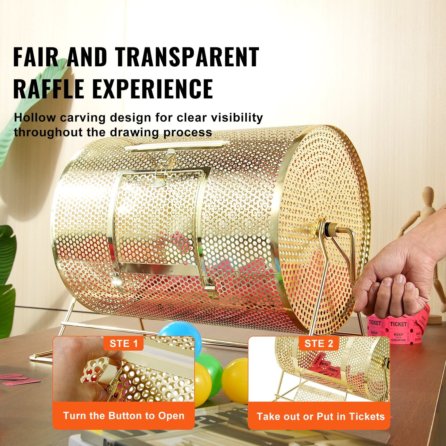 Raffle Drum, 16.1 x Ø12 inch Brass Plated Raffle Ticket Spinning Cage, Holds 5000 Tickets or 200 Ping Pong Balls, Metal Lottery Spinning Drawing with Wooden Turning Handle, for Bingo Ballot Part - Image 6