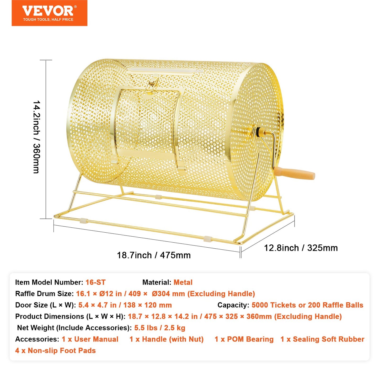 Raffle Drum, 16.1 x Ø12 inch Brass Plated Raffle Ticket Spinning Cage, Holds 5000 Tickets or 200 Ping Pong Balls, Metal Lottery Spinning Drawing with Wooden Turning Handle, for Bingo Ballot Part - Image 7
