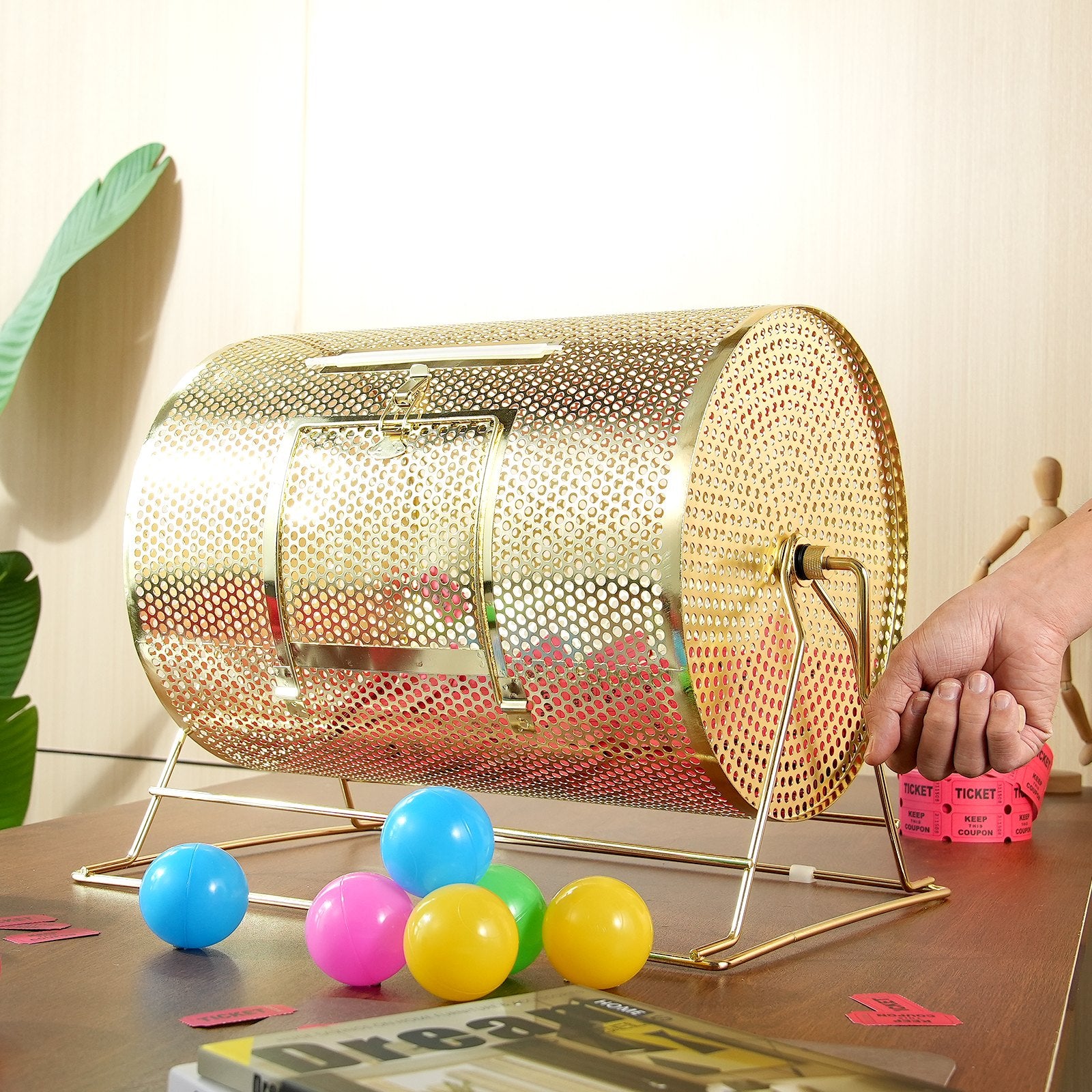 Raffle Drum, 16.1 x Ø12 inch Brass Plated Raffle Ticket Spinning Cage, Holds 5000 Tickets or 200 Ping Pong Balls, Metal Lottery Spinning Drawing with Wooden Turning Handle, for Bingo Ballot Part - Image 8