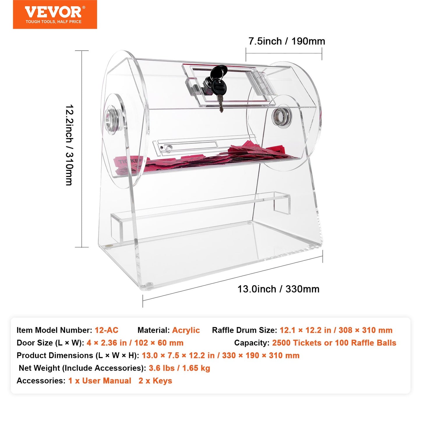 Acrylic Raffle Drum, Holds 2500 Tickets or 100 Raffle Balls, Professional Raffle Ticket Spinning Cage with 2 Keys, Transparent Lottery Spinning Drawing, Raffle Ticket Box for Lottery Games Bingo - Image 7