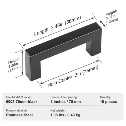 10 Pack Cabinet Pulls, 3in / 76mm Center to Center Slim Square Kitchen Cabinet Drawer, Stainless Steel Modern Kitchen Cupboard Door Handles for Kitchen Bathroom Bar Hardware Matte Black - Image 7