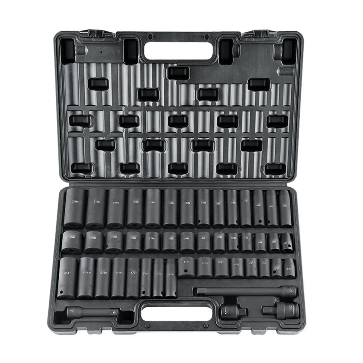 3/8" Drive Impact Socket Set, 48 Piece Socket Set SAE （5/16" -3/4"） & Metric （8-22mm）6 Point Cr-V Drive Extension Bar Universal Joint & Power Drill Adapter Includes Storage Case