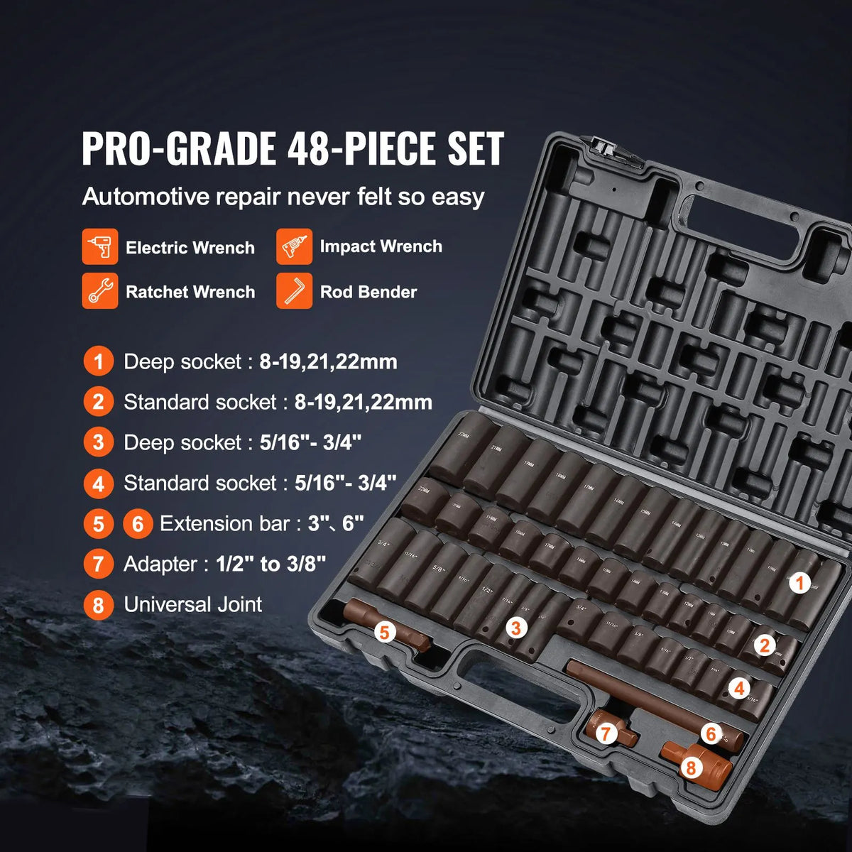 3/8" Drive Impact Socket Set, 48 Piece Socket Set SAE （5/16" -3/4"） & Metric （8-22mm）6 Point Cr-V Drive Extension Bar Universal Joint & Power Drill Adapter Includes Storage Case - Image 3