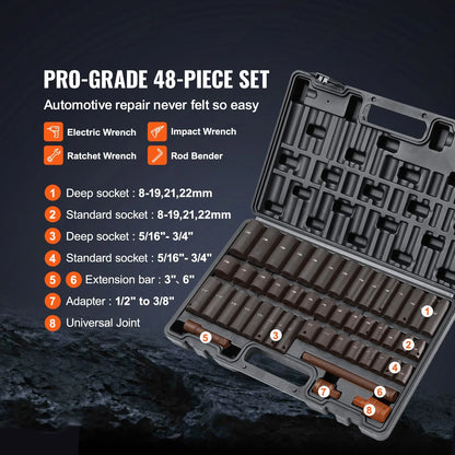 3/8" Drive Impact Socket Set, 48 Piece Socket Set SAE （5/16" -3/4"） & Metric （8-22mm）6 Point Cr-V Drive Extension Bar Universal Joint & Power Drill Adapter Includes Storage Case - Image 3