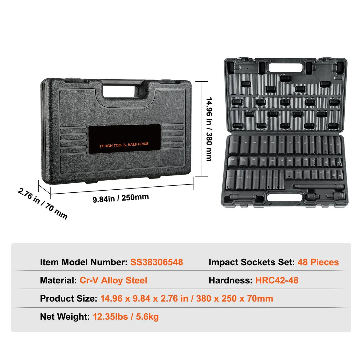 3/8" Drive Impact Socket Set, 48 Piece Socket Set SAE （5/16" -3/4"） & Metric （8-22mm）6 Point Cr-V Drive Extension Bar Universal Joint & Power Drill Adapter Includes Storage Case - Image 7