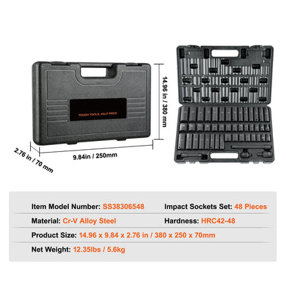 3/8" Drive Impact Socket Set, 48 Piece Socket Set SAE （5/16" -3/4"） & Metric （8-22mm）6 Point Cr-V Drive Extension Bar Universal Joint & Power Drill Adapter Includes Storage Case - Image 7