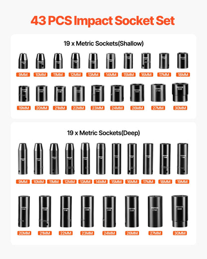 Impact Socket Set 43 Piece Impact Sockets, Standard Socket Assortment, Drive Socket Set 6-Point Sockets Metric 9-30mm (Standard/Deep) - Image 3