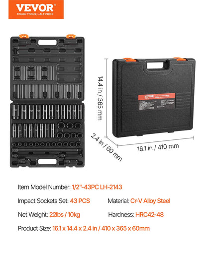 Impact Socket Set 43 Piece Impact Sockets, Standard Socket Assortment, Drive Socket Set 6-Point Sockets Metric 9-30mm (Standard/Deep) - Image 7