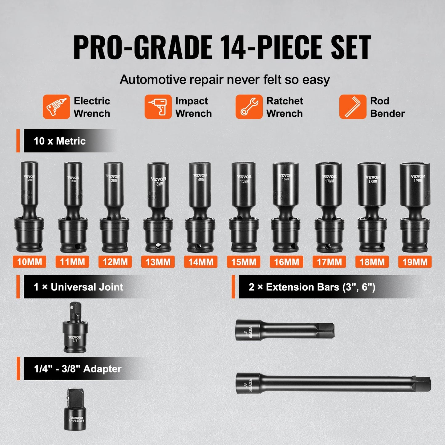 360 Degree Swivel Impact Sockets Set 14pcs 6-Point 3/8in Drive Socket Set - Image 3