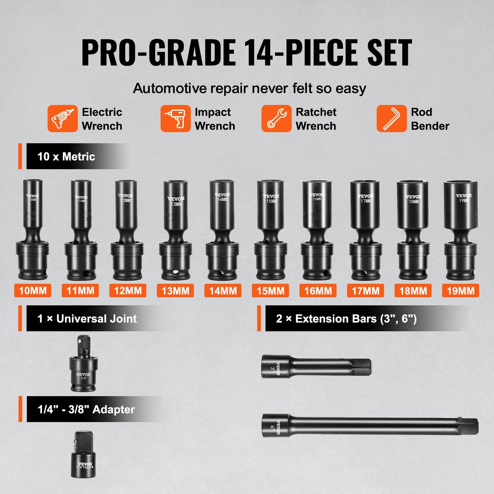 360 Degree Swivel Impact Sockets Set 14pcs 6-Point 3/8in Drive Socket Set - Image 3