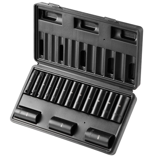 3/8" Drive Impact Socket Set, 15 Piece Deep Socket Set Metric 8-22mm, 6 Point Cr-Mo Alloy Steel for Auto Repair, Easy-to-Read Size Markings, Rugged Construction, Includes Storage Case