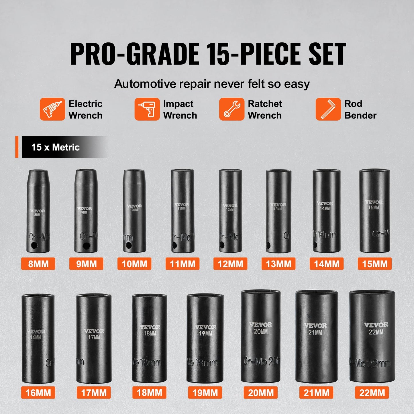3/8" Drive Impact Socket Set, 15 Piece Deep Socket Set Metric 8-22mm, 6 Point Cr-Mo Alloy Steel for Auto Repair, Easy-to-Read Size Markings, Rugged Construction, Includes Storage Case - Image 3