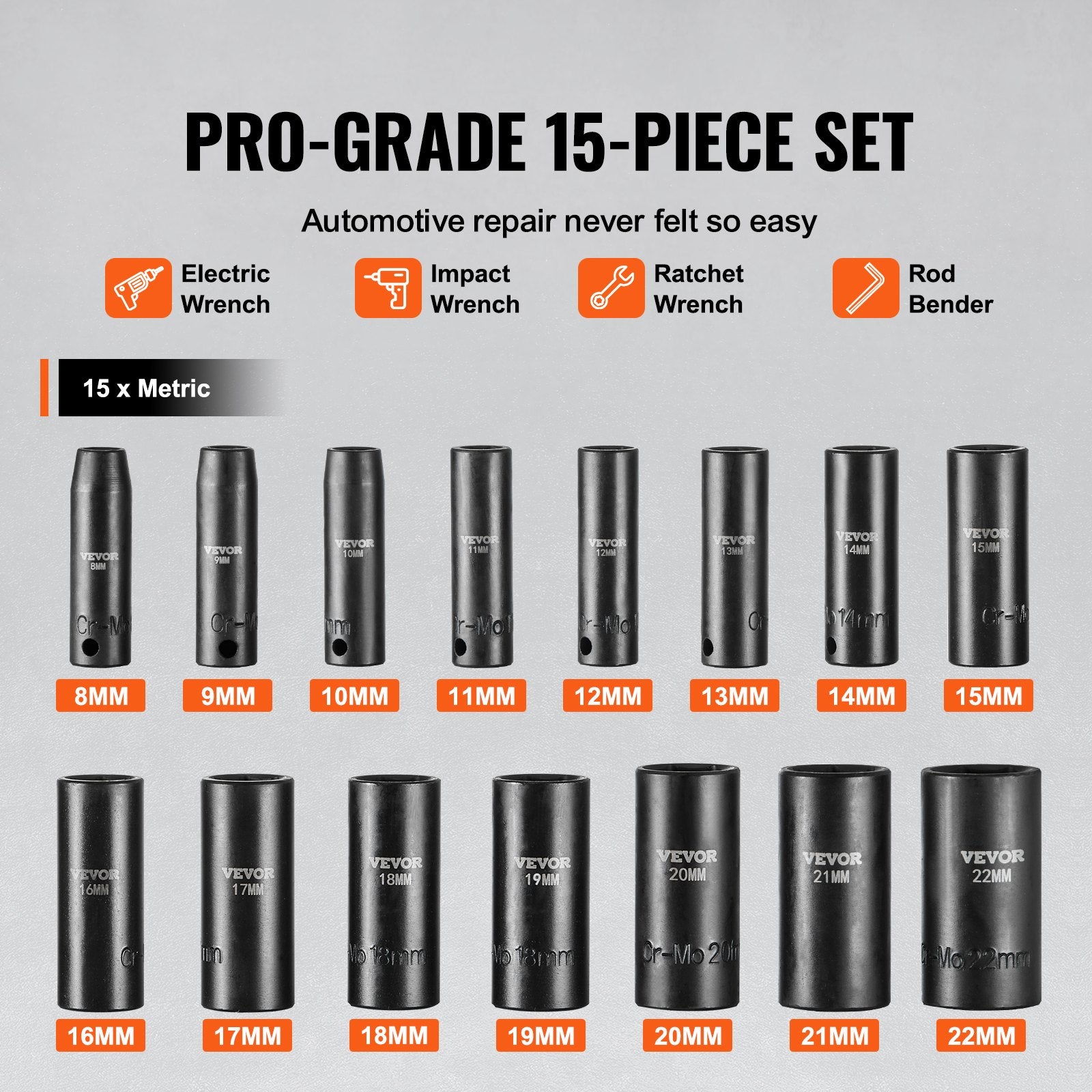 3/8" Drive Impact Socket Set, 15 Piece Deep Socket Set Metric 8-22mm, 6 Point Cr-Mo Alloy Steel for Auto Repair, Easy-to-Read Size Markings, Rugged Construction, Includes Storage Case - Image 3