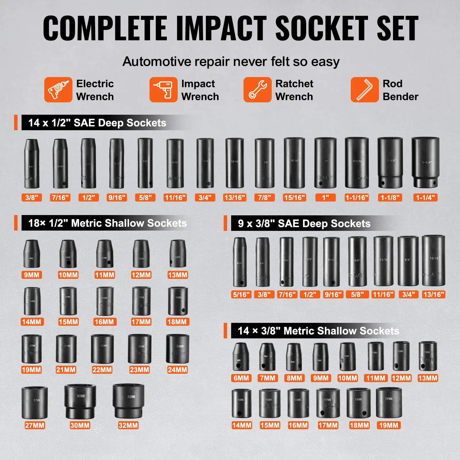 Impact Sockets Set 59pcs 6-Point 3/8" & 1/2" Drive Bit Ratchet Tool Kit - Image 3