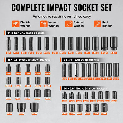 Impact Sockets Set 59pcs 6-Point 3/8" & 1/2" Drive Bit Ratchet Tool Kit - Image 3