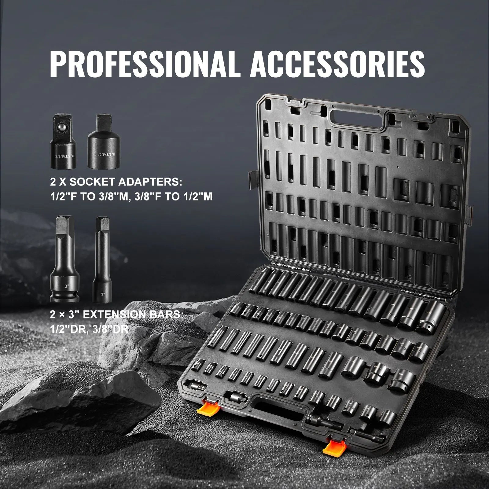 Impact Sockets Set 59pcs 6-Point 3/8" & 1/2" Drive Bit Ratchet Tool Kit - Image 4