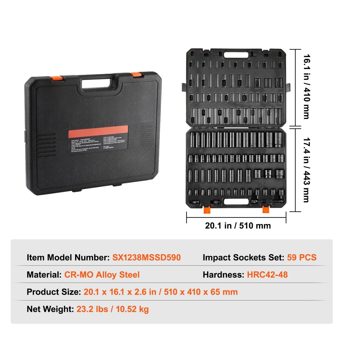 Impact Sockets Set 59pcs 6-Point 3/8" & 1/2" Drive Bit Ratchet Tool Kit - Image 7