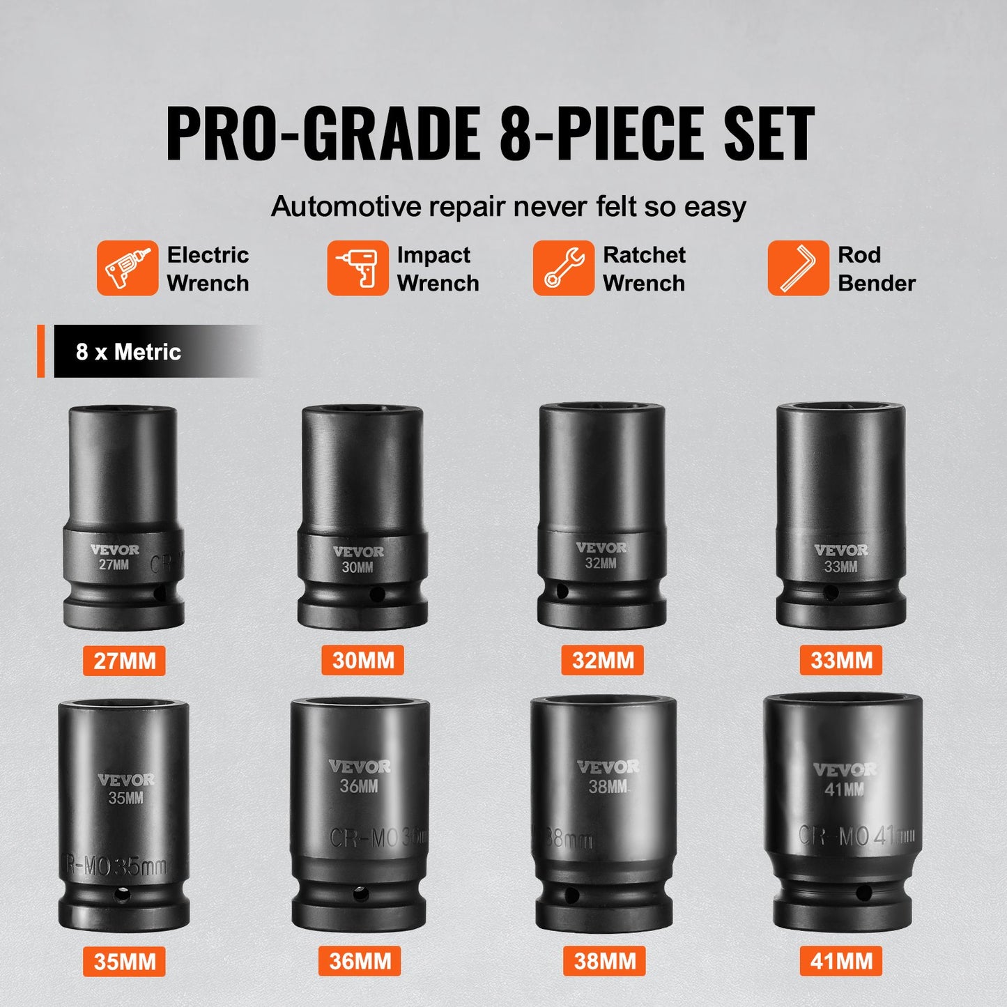 Impact Sockets Set 8pcs 6-Point 1" Drive Bit Ratchet Tool Kit Case - Image 3
