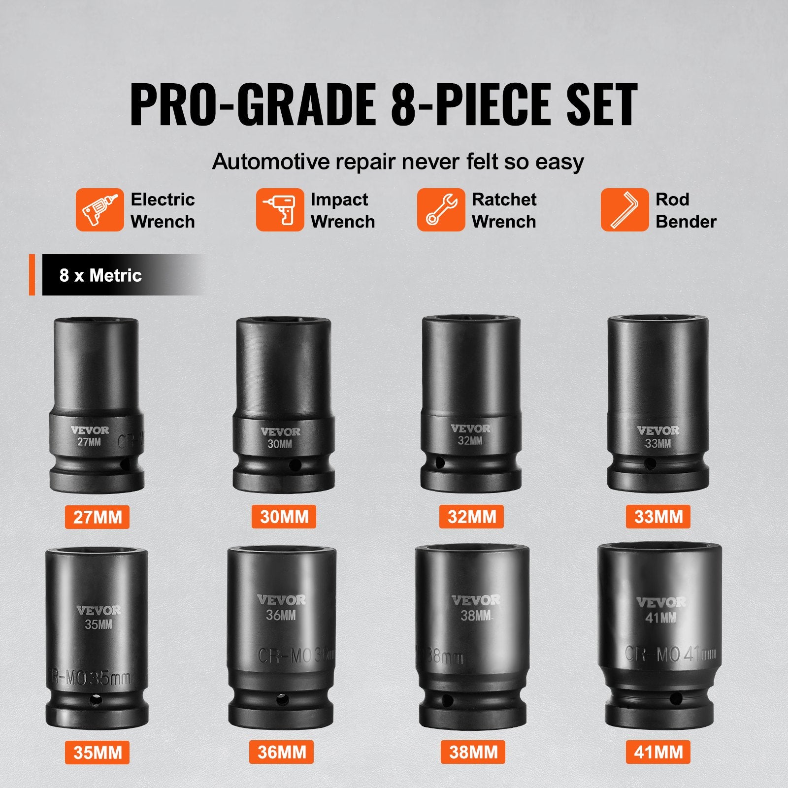 Impact Sockets Set 8pcs 6-Point 1" Drive Bit Ratchet Tool Kit Case - Image 3